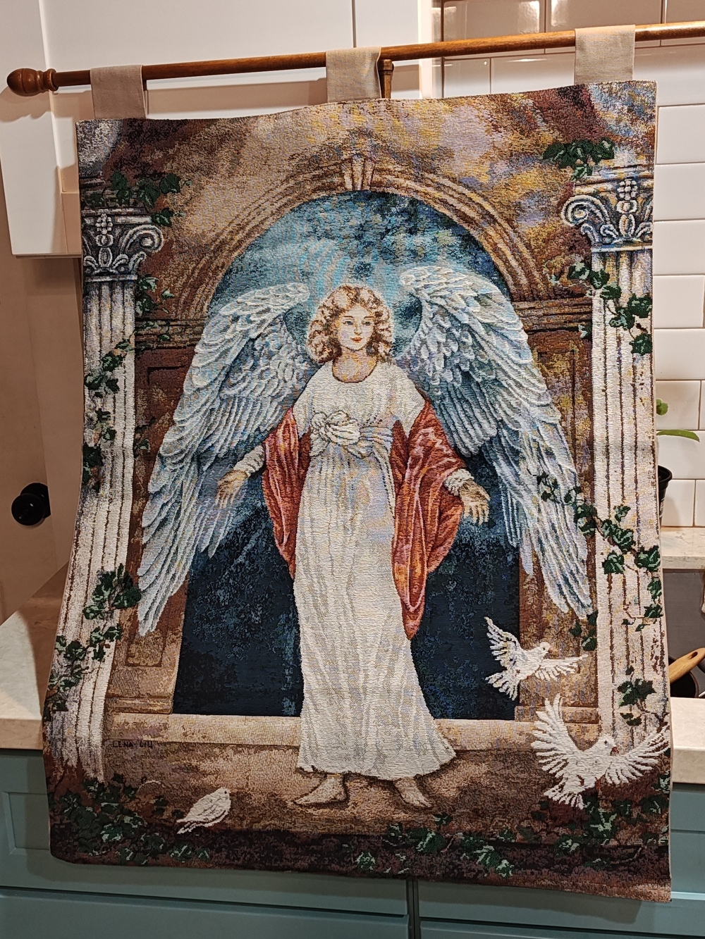 Vintage 26x36" Lena Liu Tapestry Angel Of Light Weaved Wall Hanging Decoration